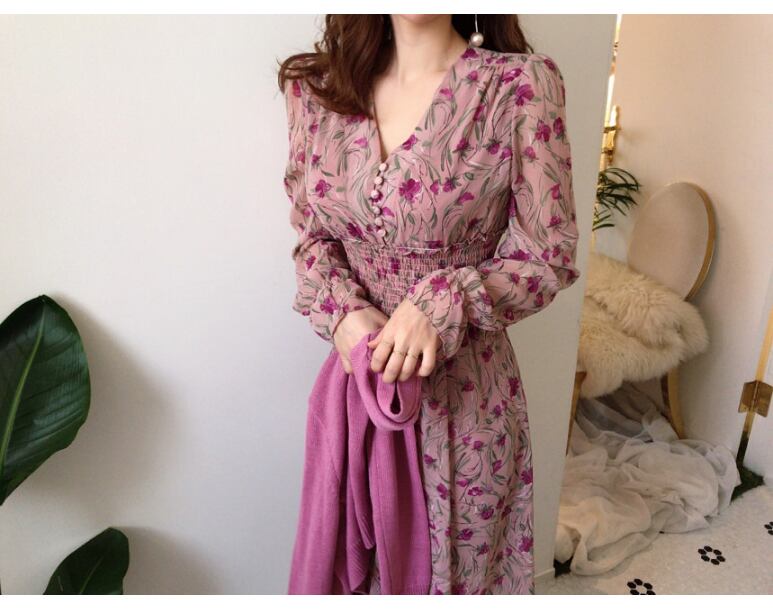 【dress】優しい雰囲気!エレガント気質満点スウィート 韓国系シフォン花柄ワンピース G1785