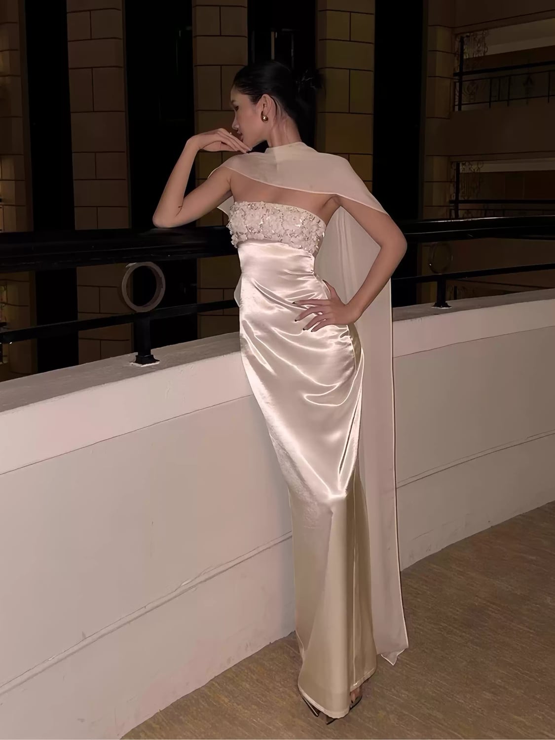 【dress】スカーフ付きオフショルダーロングドレス Q7794