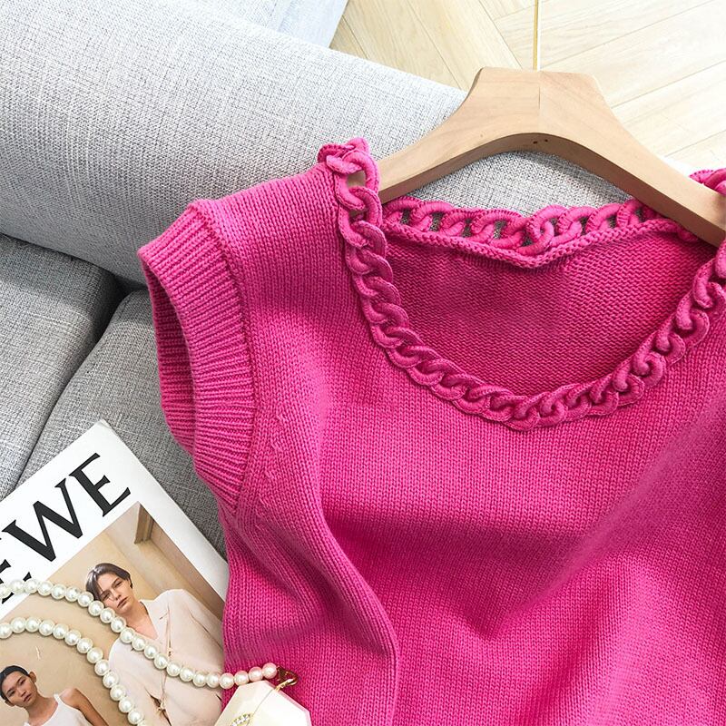 【tops】夏新作ラウンドネックノースリーブ無地透かし彫り着回しニットタンクトップF5620