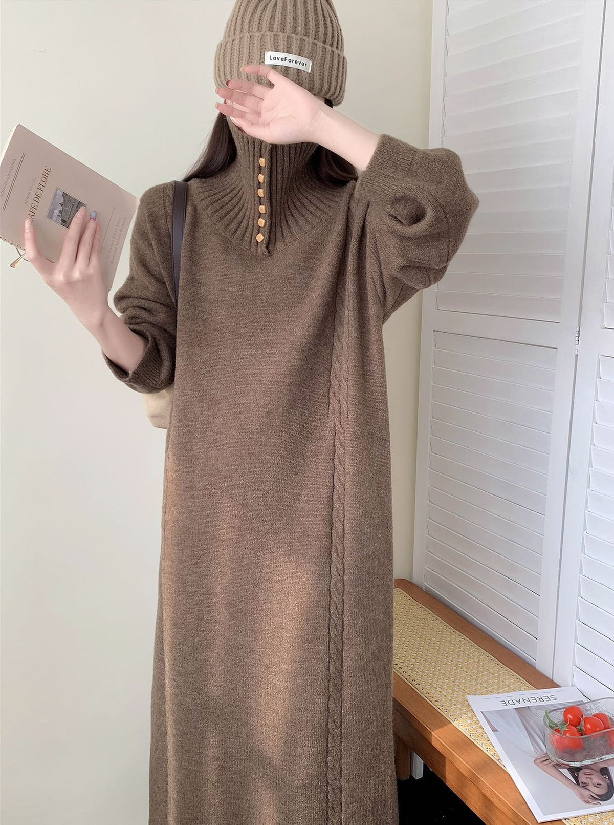 【dress】折り襟ロングニットワンピース Q7771
