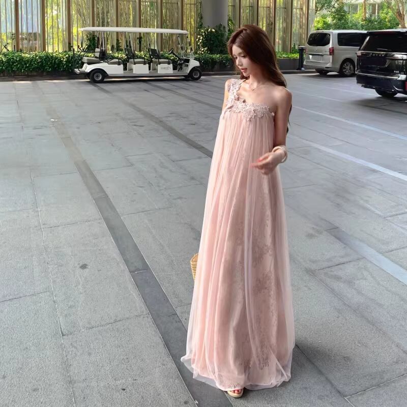 【dress】レースドッキングワンショルダーロングワンピース Q8444
