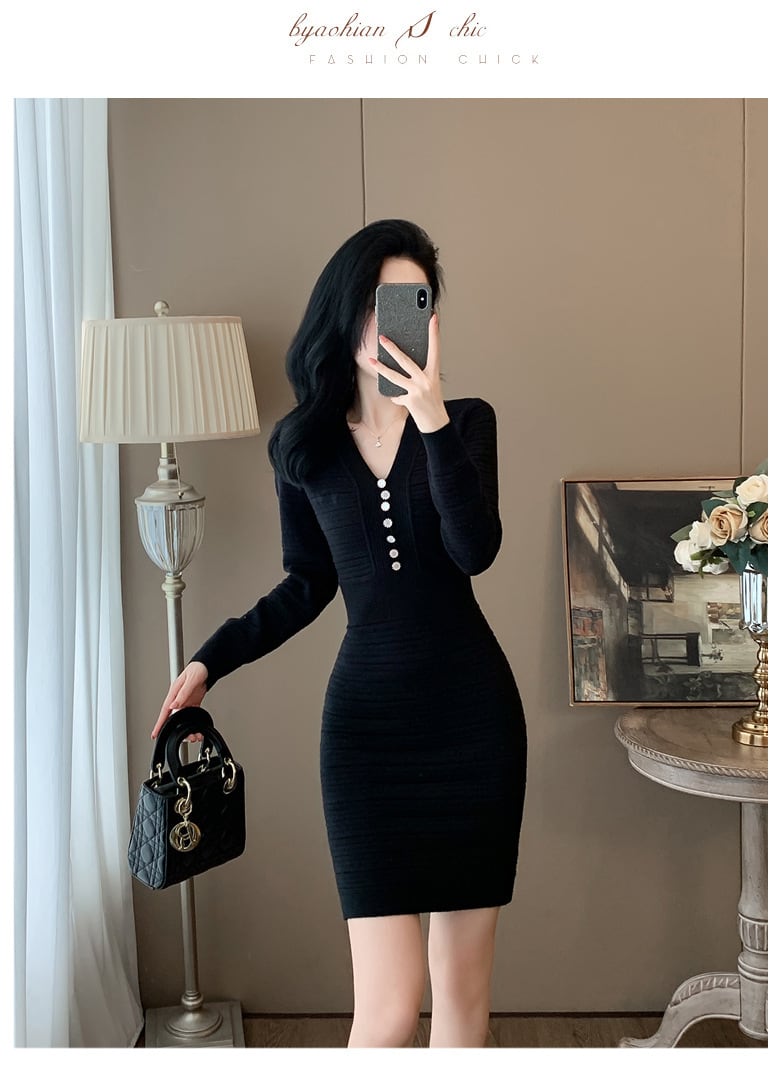【dress】Vネックニットワンピース　M25346