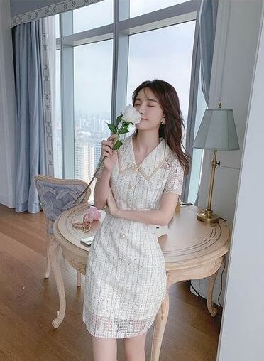 【dress】美人度アップ!気質満点折り襟夏透かし彫り着痩せ ワンピース G0465