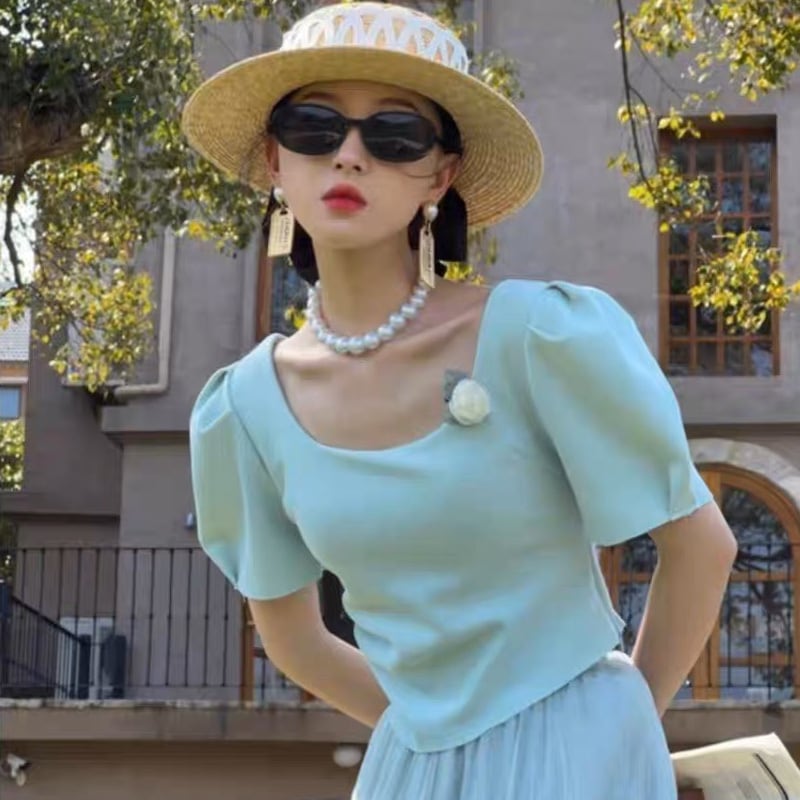 【tops】4色半袖パフ袖ＴシャツF7515