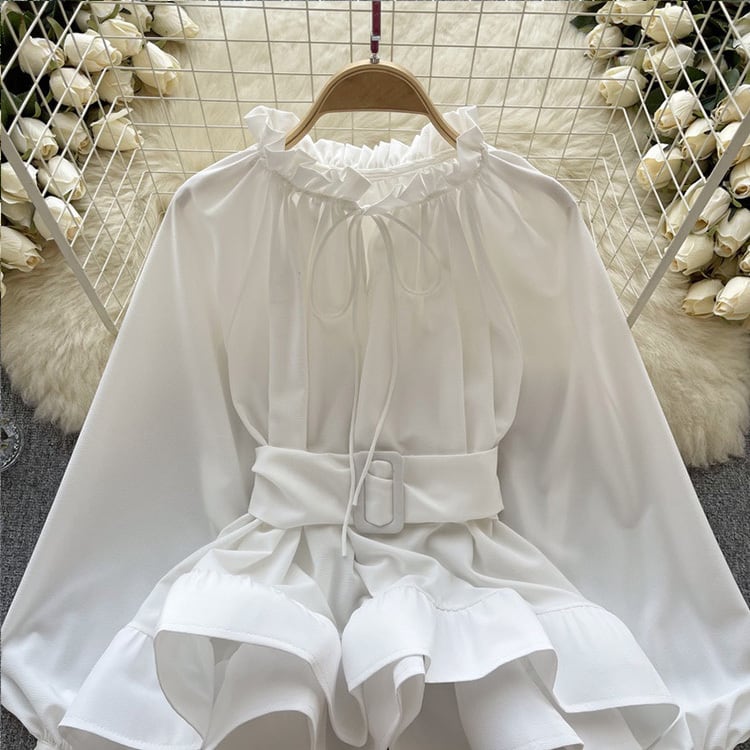 【tops】ウェスト絞りフリルブラウスF6982