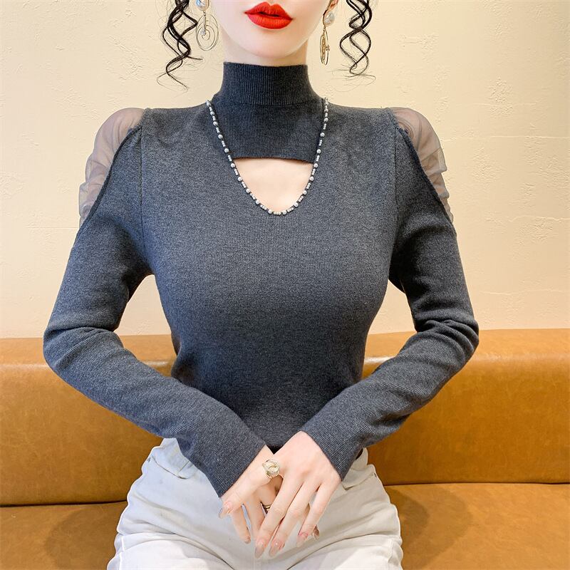 【tops】シースルーショルダーニットトップス　M28082
