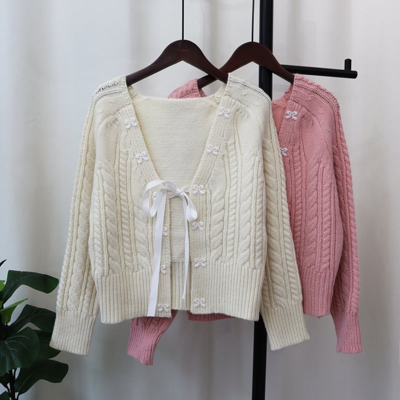 【outer】リボン付きニットカーデ　M25494