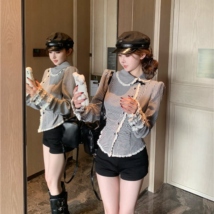 【tops】裹起毛チェック柄シャツトップス　M28587