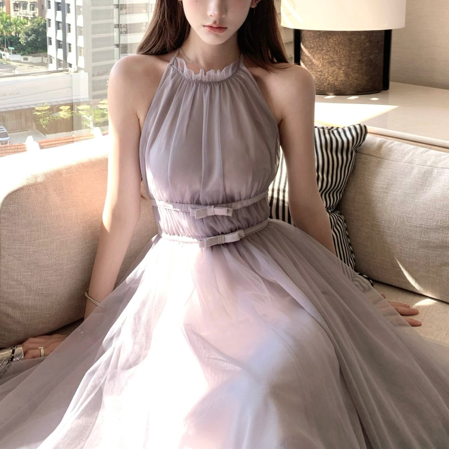 【dress】バックリボンチュールロングワンピース　N3217