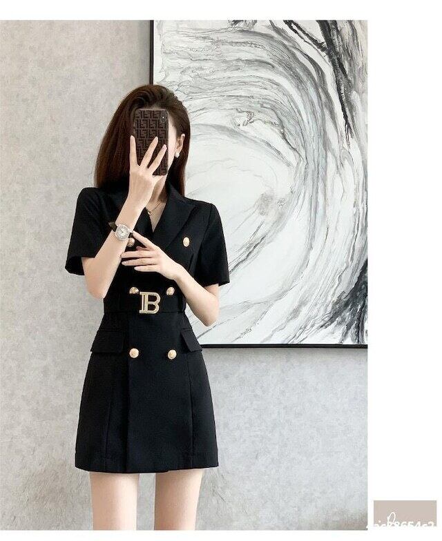 【dress】知的で品の良いOL通勤ラペル半袖Aラインウェスト絞りワンピースF2579