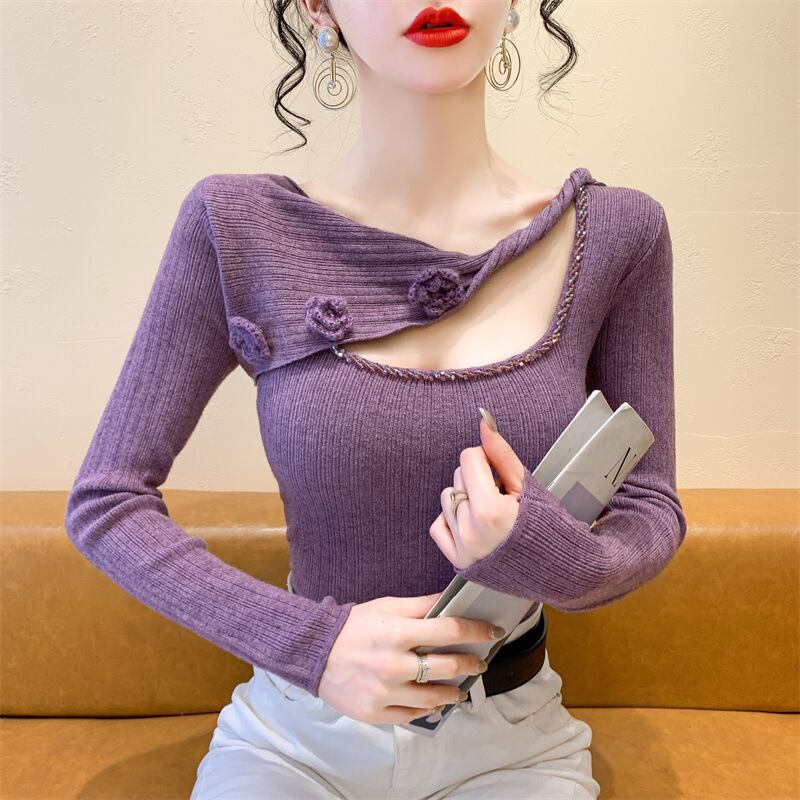 【tops】ビジュー立体フラワーニットトップス　M27727