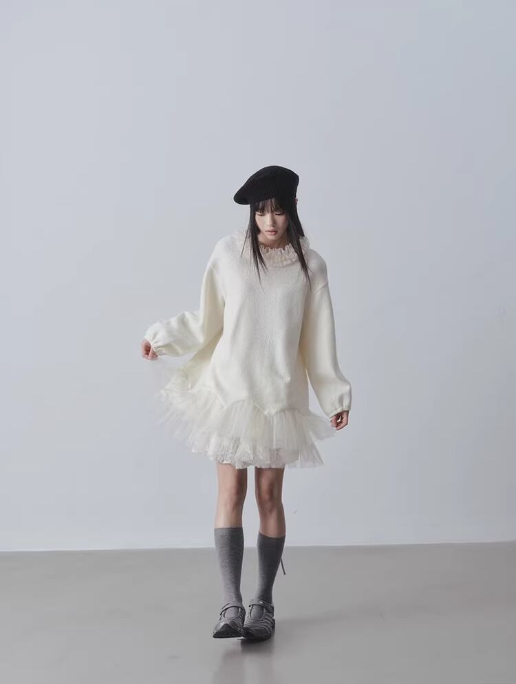 【dress】チュールドッキングフリルネックニットワンピース Q7965