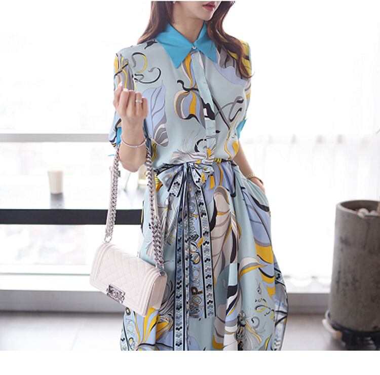 【dress】韓国風気質満点ファッション折り襟不規則 プリントワンピース G0398