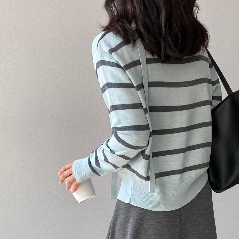 【tops】スカーフ付きボーダー柄ニットトップス Q8284