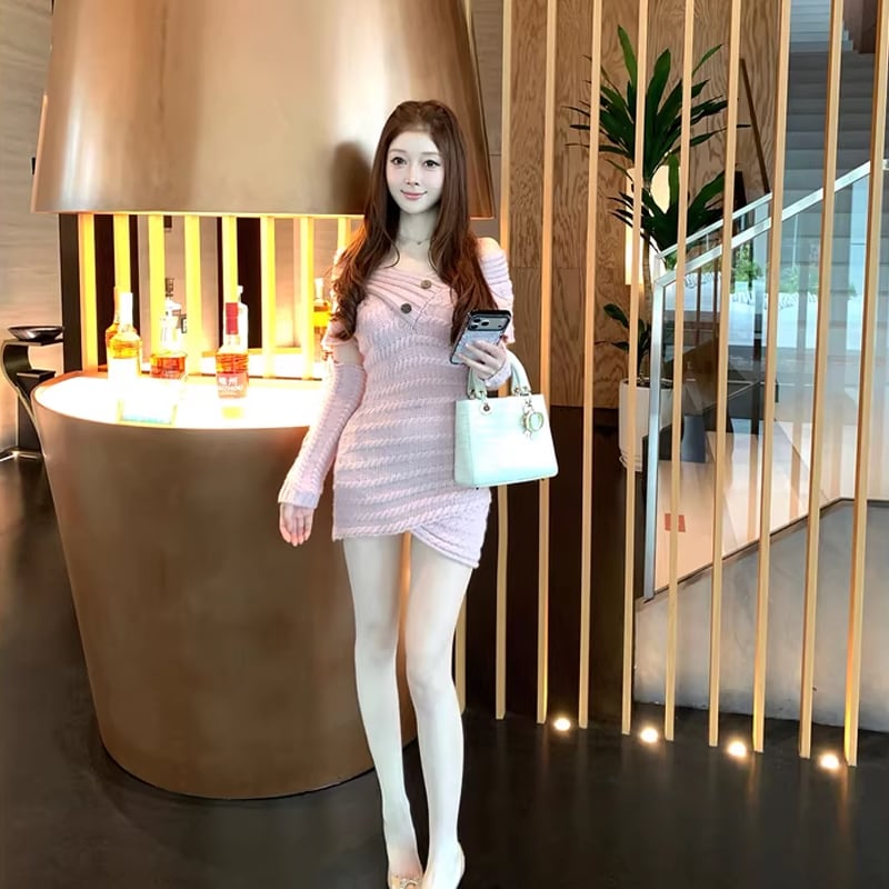 【dress】オフショルダーニットワンピース Q7816