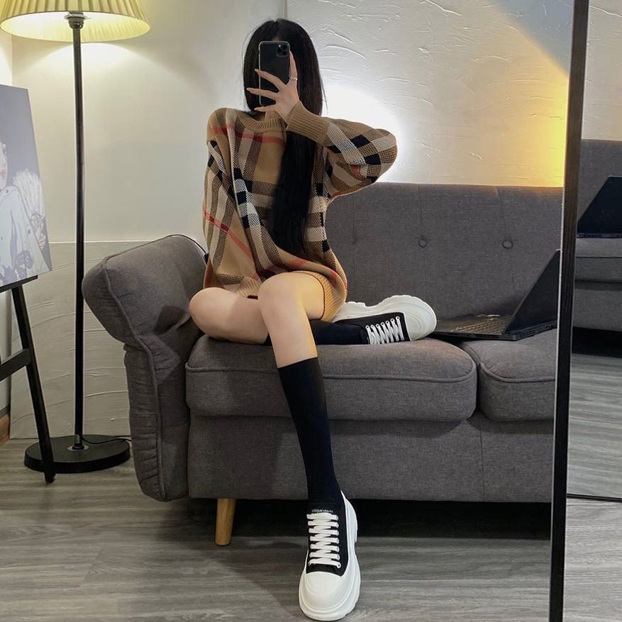 【tops】チェック柄長袖ニットセーターF8145