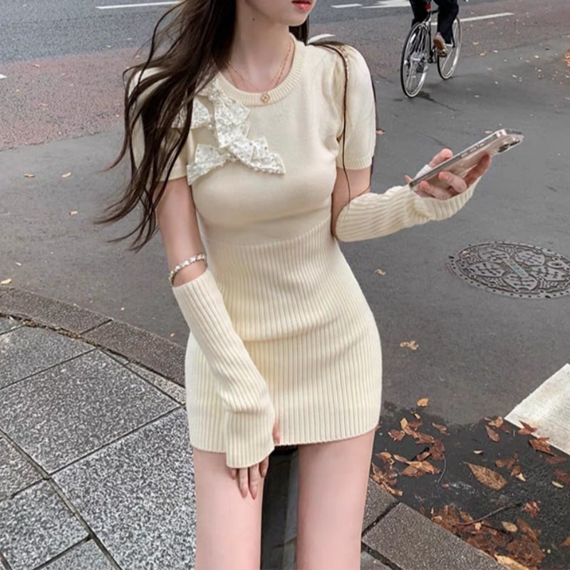 【dress】パールリボン付きニットワンピースアームカバー付き　M27726