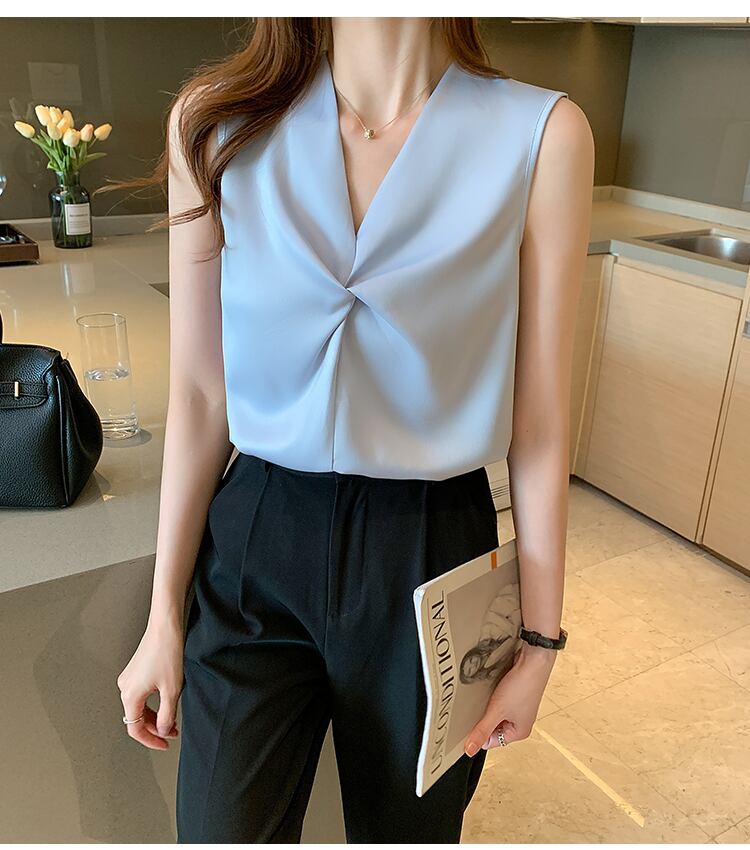 【tops】Vネックノースリーブ無地着回しタンクトップシフォンF0248