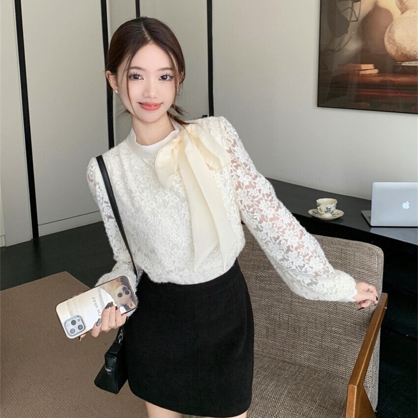 【tops】リボン付き裹起毛レーストップス　M28380