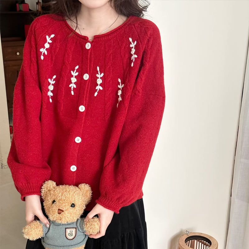 【outer】フラワー刺繡柄ニットカーディガン Q7739