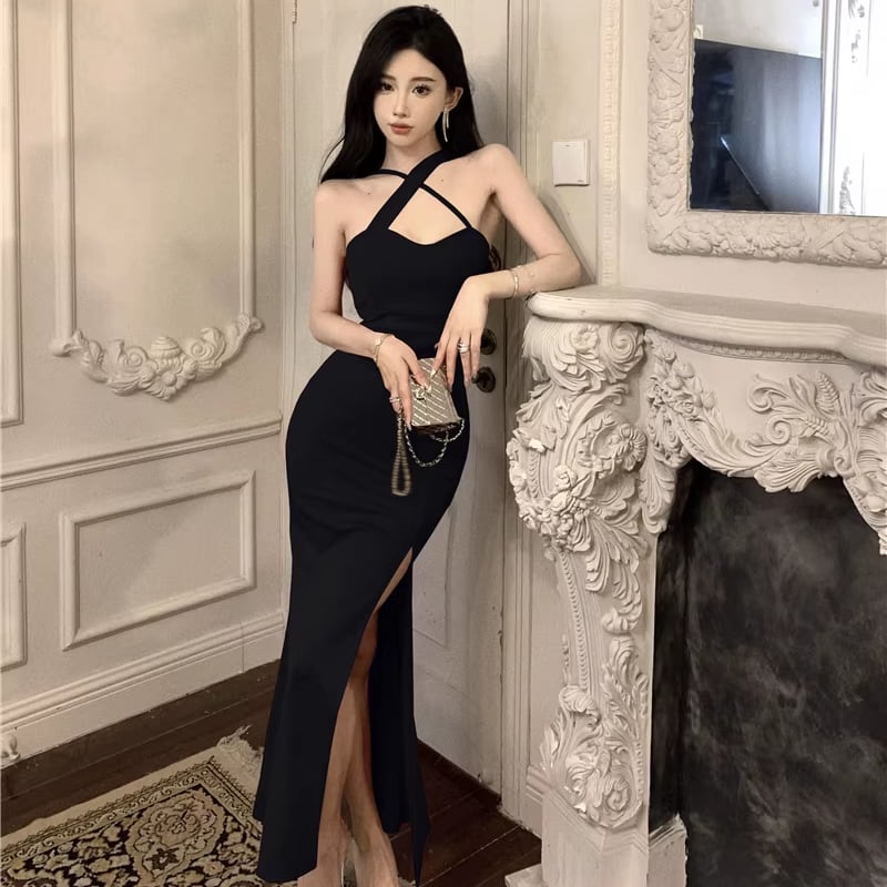 【dress】スリットクロスネックワンピース Q8339