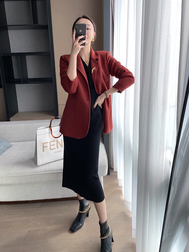 【dress】好感度UP韓国ファッション秋冬新作Vネック長袖無地体型カバーニットワンピースF1158