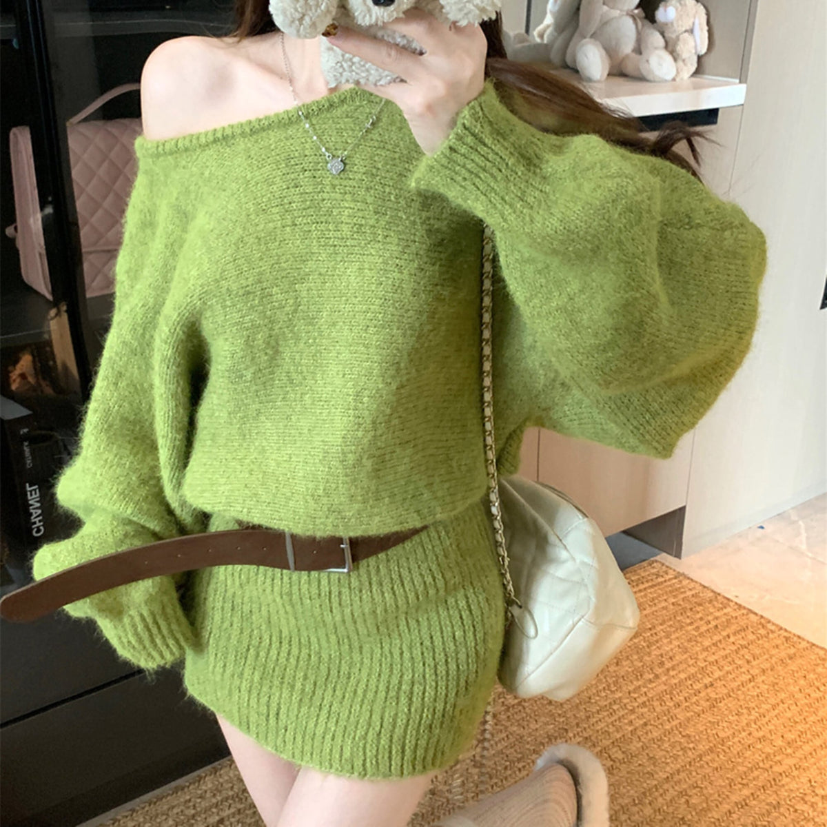 【dress】オフショルニットミニワンピース　N3359