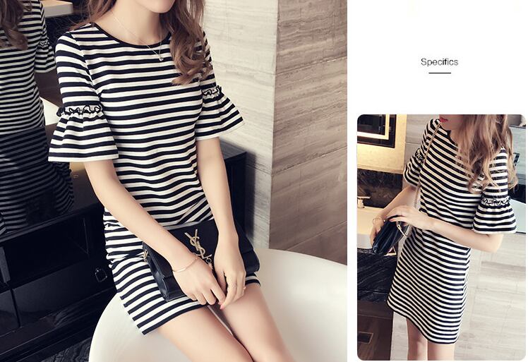 【dress】気質溢れる♪ラウンドネックラッパ袖半袖韓国ファッションボーダー柄ワンピースF2149