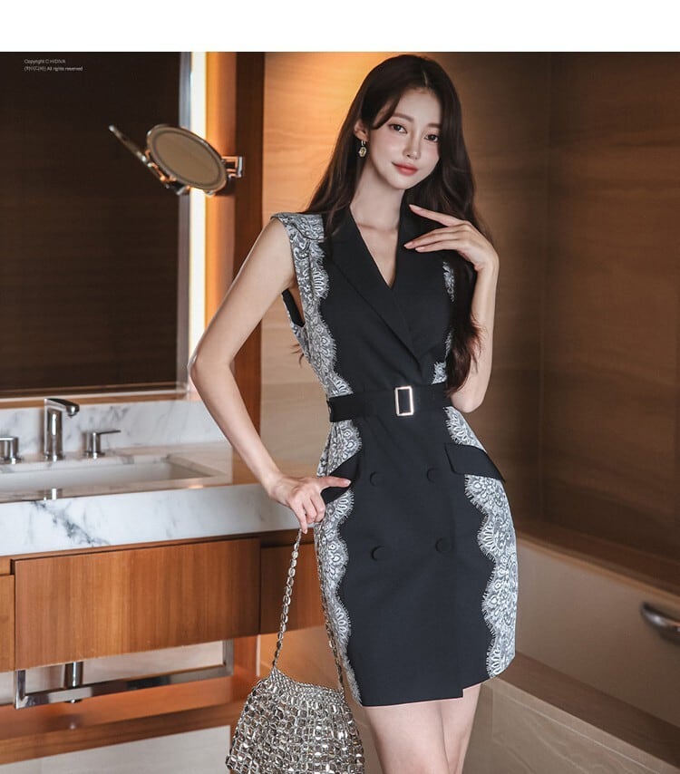 【dress】ノースリーブレース切り替えスーツワンピース G20869
