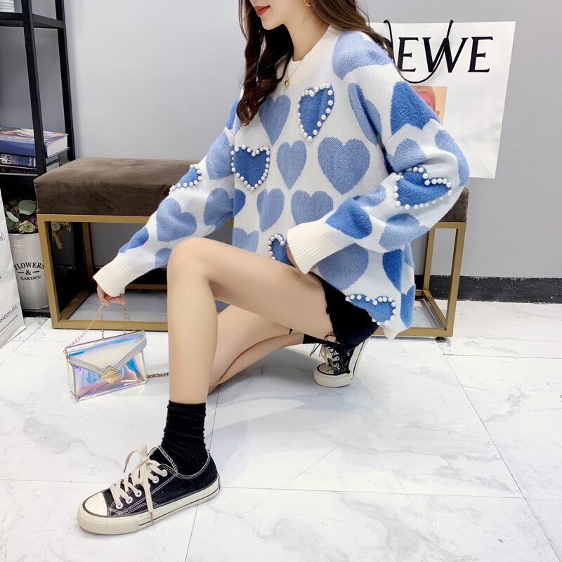 【tops】必ず目を引く2色ラウンドネック長袖ハート柄配色ゆったりビーズ飾りニットセーターF0682