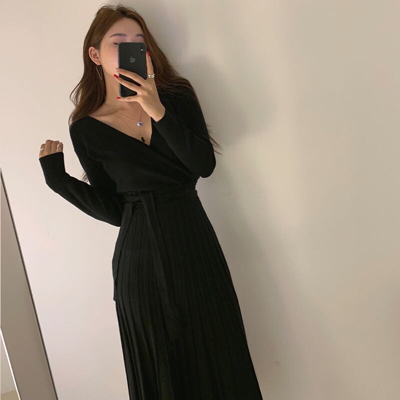 【dress】エレガント早い者勝ち 気質満点レトロ着痩せVネックニットワンピース G1759