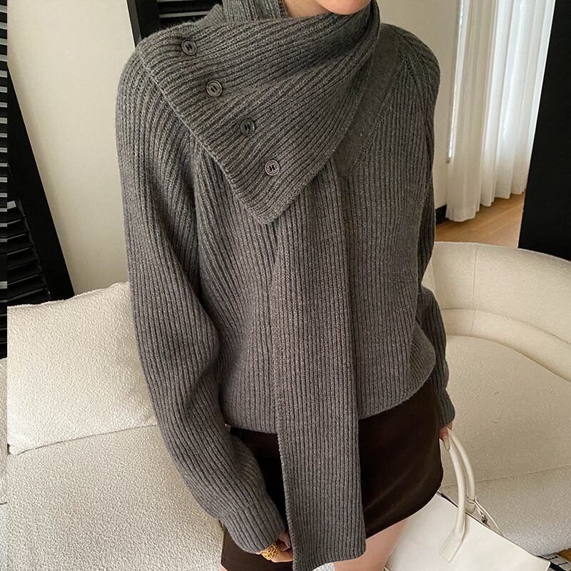 【tops】マフラー付きニットトップス Q7490