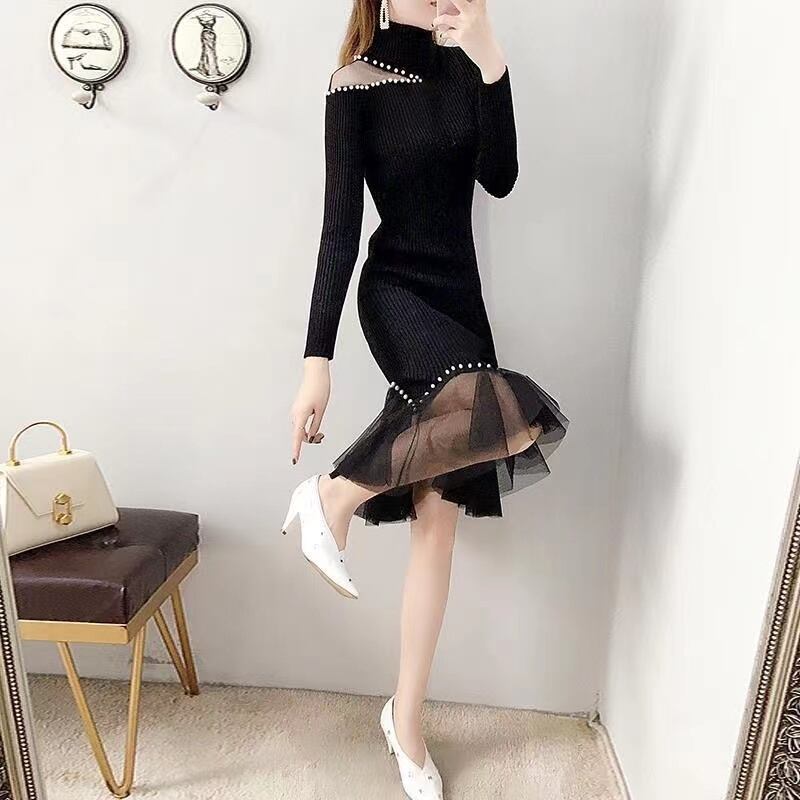 【dress】細身効果抜群♪レース切り替え体型カバーファッション無地人気ニットマーメイドワンピースF1436