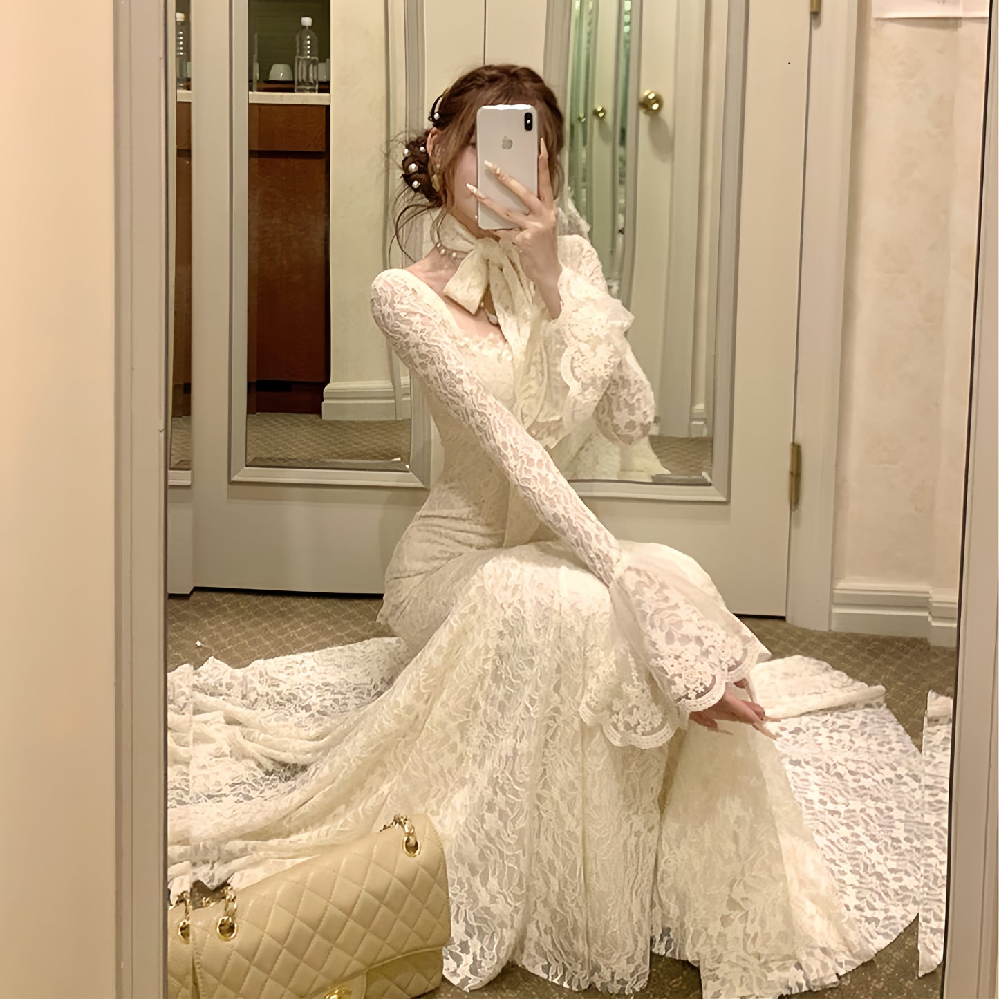 【dress】ベルスリーブマーメイドレースワンピース　N3499
