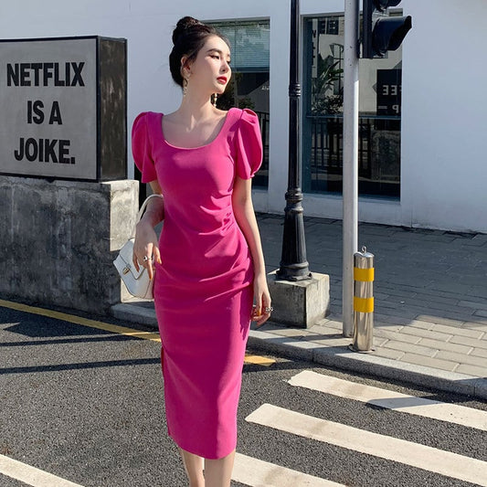 【dress】一目惚れ！韓国風INS風OL通勤スクエアネック半袖パフ袖スリット無地タイトワンピースF2364