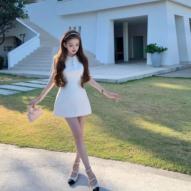 【dress】バックリボンレースドッキングミニワンピース Q8390