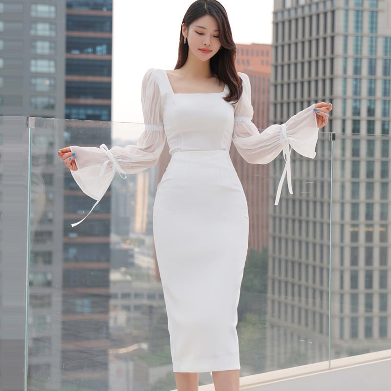 【set】フレアスリーブトップス+タイトスカート２点セットF7088