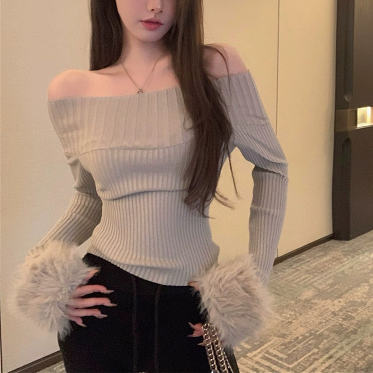 【tops】オフショルダー袖ファーニットトップス     N2148