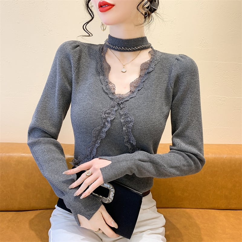 【tops】ビジューレース切り替えニットトップス　M27732