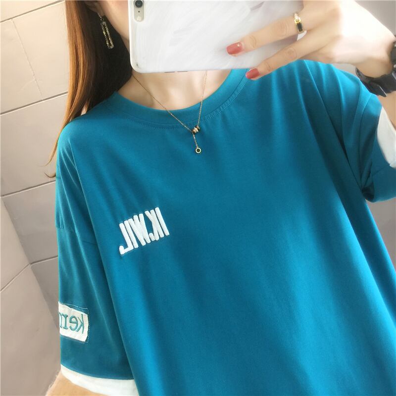 【tops】ラウンドネック半袖カジュアル偽二つ切り替え配色着まわしTシャツ