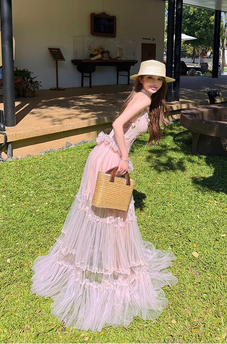 【dress】ホルターネックシアーチュールティアードワンピース Q8484