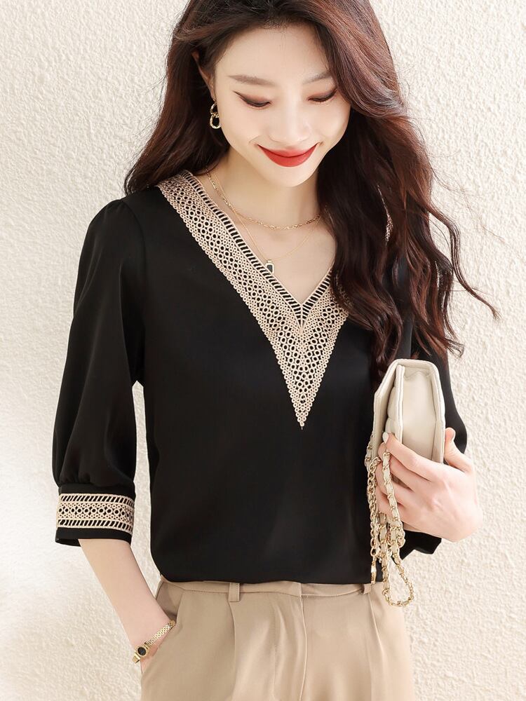 【tops】Vネック5分袖ブラウスG21081