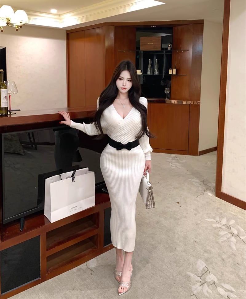 【dress】クロスネックニットワンピース Q7545