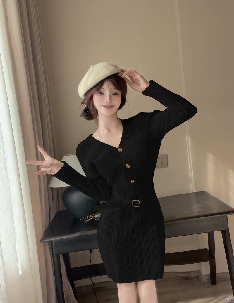 【dress】Vネックニットワンピース　M28378