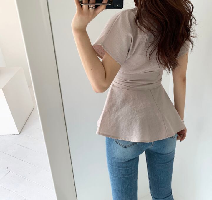 【tops】美人度アップラウンドネック半袖ファッションウェスト絞り無地ブラウスF0019