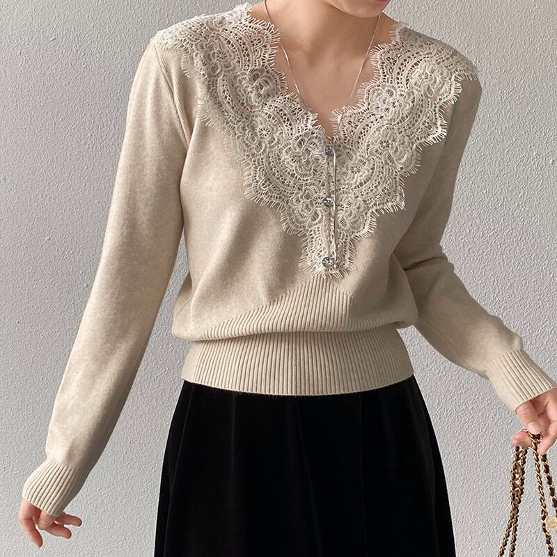【tops】Vネックレースドッキングニットトップス Q7241