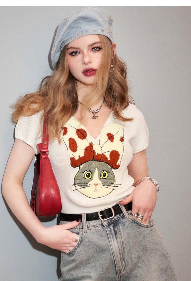 【tops】VネックニットプリントトップスG20926