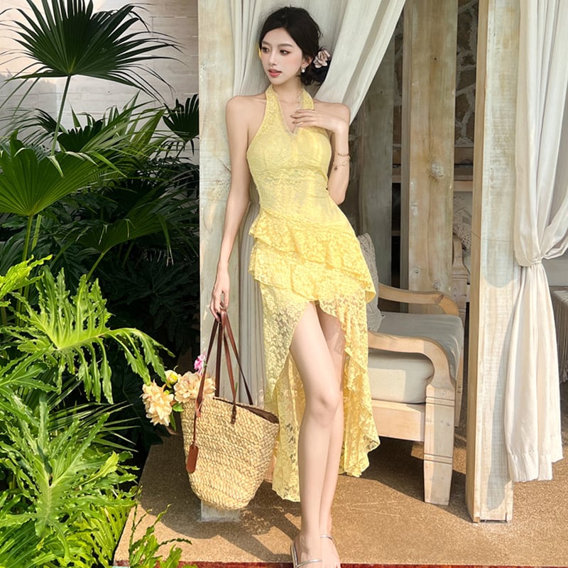 【dress】ホルターネックイレヘムレースワンピース Q8414