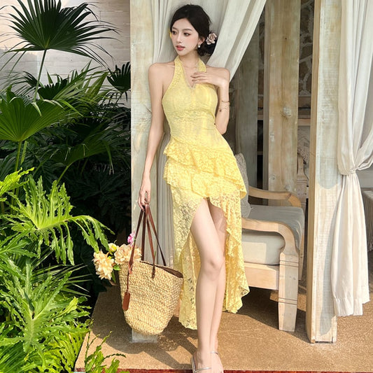 【dress】ホルターネックイレヘムレースワンピース Q8414