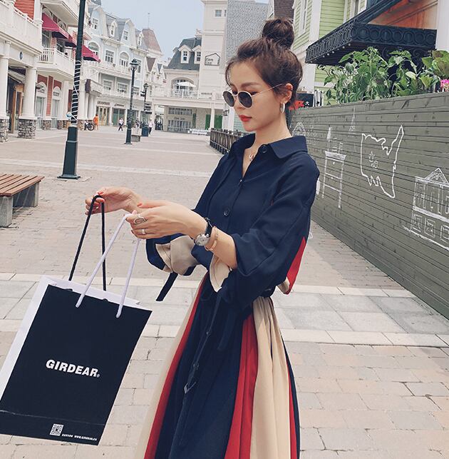 【dress】気質満点POLOネックスウィート長袖デザイン着痩せワンピース G1510